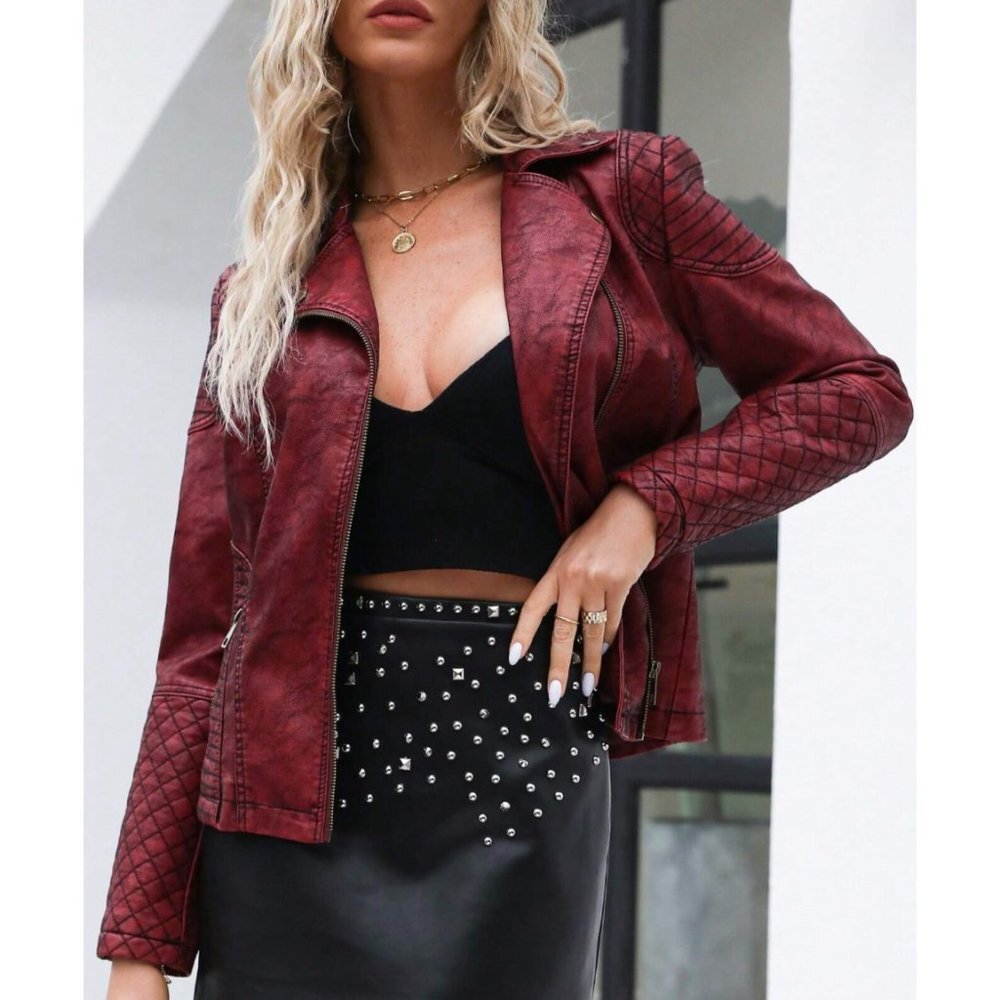 Red Faux Leather Moto Jacket Fitted Quilted Bomber Motorcycle Biker Jacket Coat